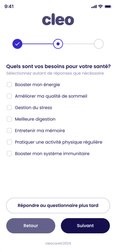 Interface d'onboarding pour définir votre profil